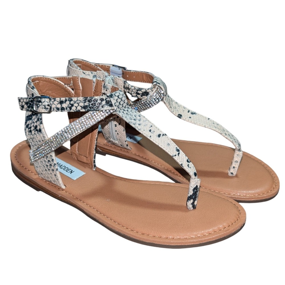 New Steve Madden Women Leven SnakeSkin‎ W/Rhinestone  Sandals Cream Size 8M B2